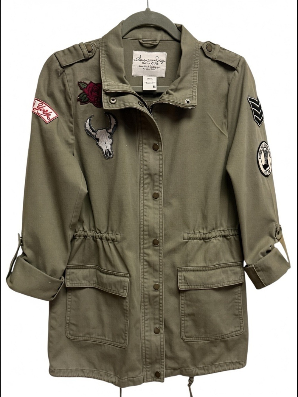 American Rag Patched Military Utility Jacket - Olive Green MED Great Condition